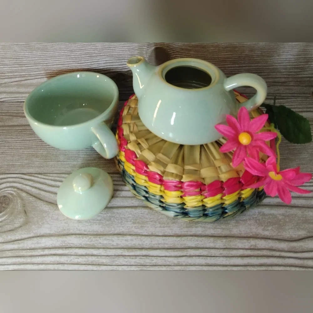 Pier One stoneware personal stackable tea pot, green color.